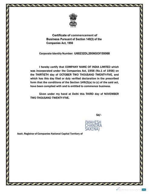 Download India certificate of commencement Word and PDF template Photoshop template